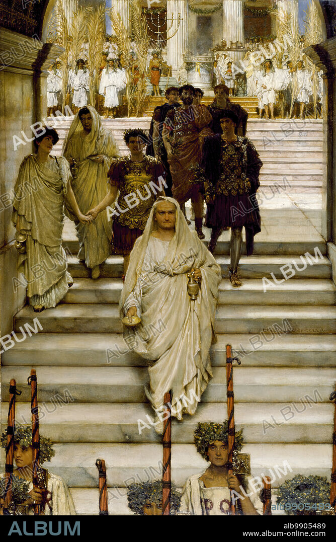SIR LAWRENCE ALMA-TADEMA. The Triumph of Titus: AD 71, The Flavians, 1885. In this canvas, the artist shows Titus returning to Rome in triumph following his capture of Jerusalem in AD 70. His father, Emperor Vespasian, clad in a white toga, leads the procession. Titus comes next, holding the hand of his daughter, Julia, who turns to address her father's younger brother and successor, Domitian. In the background is the Temple of Jupiter Victor. Among the spoils from Jerusalem is a 7-branched candlestick from the temple.