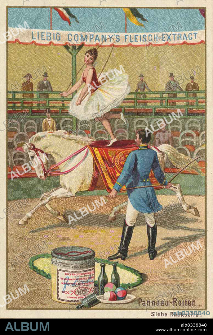 Serie Pferdedressur im Zirkus, Panneau-Reiten / Series horse dressage in circus, panneau riding, Liebigbild, digital improved reproduction of a collectible image from the Liebig company, estimated from 1900, pd / digital restaurierte Reproduktion eines Sammelbildes von ca 1900, gemeinfrei,.