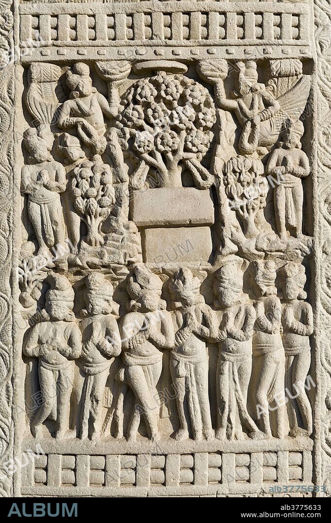 Relief depicting the life of Buddha, stupas of Sanchi, UNESCO World Heritage site, built by King Ashoka, the Mauryan dynasty, Sanchi, Vidisha in Madhya Pradesh, North India, India, Asia.
