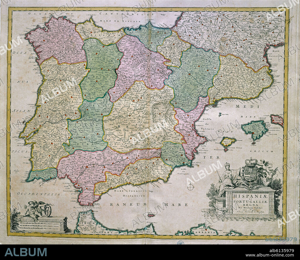 VISFCHER NICOLAS. MAPA DEL REINO DE ESPAÑA Y PORTUGAL CON SUS REGIONES-S XVIII.