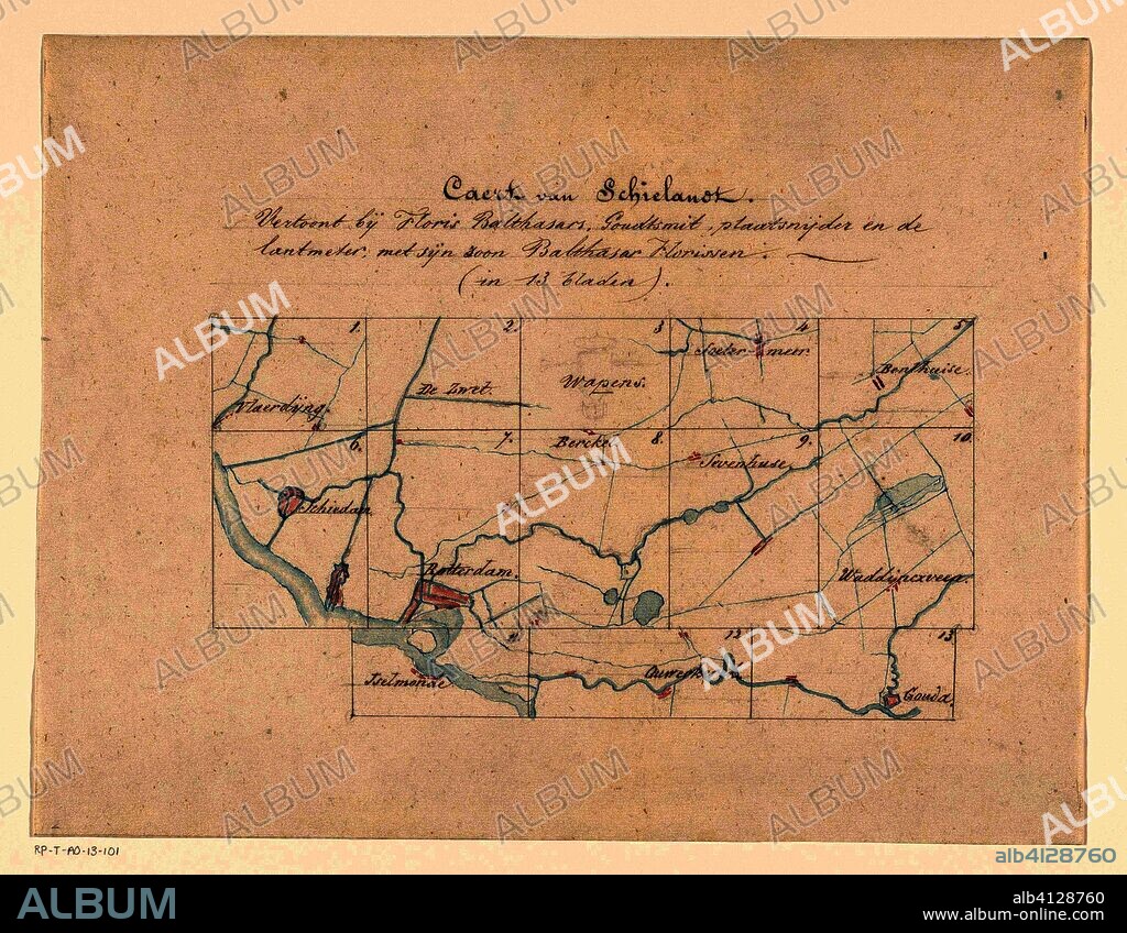 Kaart van Schieland. Caert van Schielandt. Vertoont bij Floris Balthasars, goudsmit, plaatsnijder en de lanmeter, met sijn zoon Balthasar Florissen. (in 13 blaaden). (title on object). Artist: Floris Balthasarsz. van Berckenrode. Artist: Balthasar Florisz. van Berckenrode. Draughtsman: anonymous. Dating: 1800 - 1900. Measurements: h 310 mm × w 403 mm.