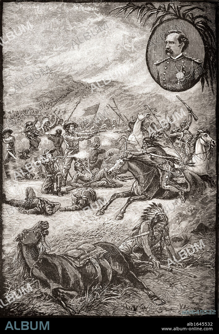 Death of General George Armstrong Custer and soldiers of the 7th Cavalry at Battle of Little Bighorn, June 25, 1876. Event known as Custer´s Last Stand. From a 19th century print.