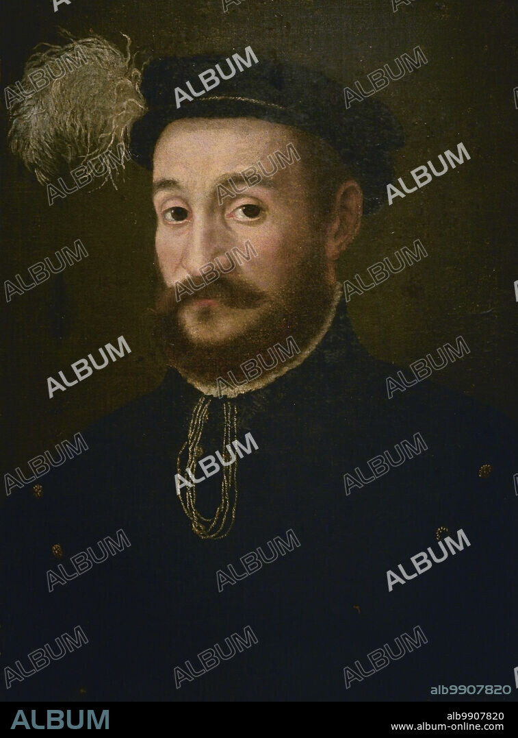 ATTRIBUTED TO AN EMILIAN PAINTER IN THE MID-16TH CENTURY.. Retrato de caballero con sombrero de plumas. Posiblemente realizado por un pintor emiliano a mitad del siglo XVI. Oleo sobre lienzo. Depósito Fondazione Walter Stauffer, 1975. Museo Cívico Ala Ponzone. Cremona. Lombardía. Italia.