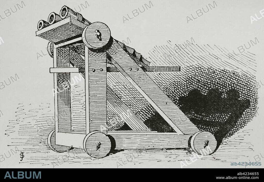 Ribauldequin or rabauld. Late medieval volley gun with many small-caliber iron barrels set up parallel on a platform, used during the 14th and 15th centuries. Engraving. Museo Militar, 1883.