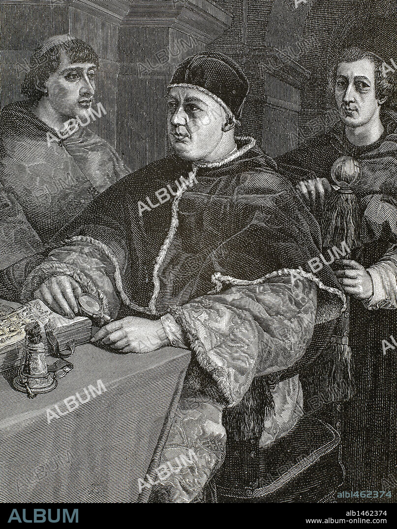 LEON X (Florencia, 1475-Roma, 1521). Papa florentino (1513-21), de nombre Giovanni de Medici. Hijo de Lorenzo el Magnífico y promovido al cardenalato (1489). Fue hecho prisionero por los franceses (1511). Prosiguió las tareas del V concilio de Letrán. "EL PAPA LEON X ACOMPAÑADO DE SUS CARDENALES MEDICIS Y ROSSI". Grabado de S. Jesi.