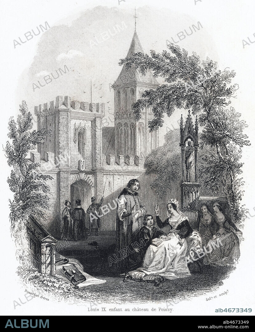 LOUIS IX (1214-1270) enfant au chateau de Poissy (Education par sa mere, la reine BLANCHE de CASTILLE (1188-1252). Illustration de 1854 par ROUARGUE Freres pour Saint Louis et son siecle par le Joseph Alexis WALSH (1785-1860). Credit : Collection Jonas/Kharbine-Tapabor.