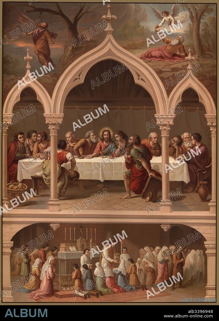 Historia Sagrada. Jesucristo acompañado de sus discípulos celebrando la última cena antes de ser crucificado. Escena de una celebración del sacramento de la Misa. Cromolitografía francesa del siglo XIX.