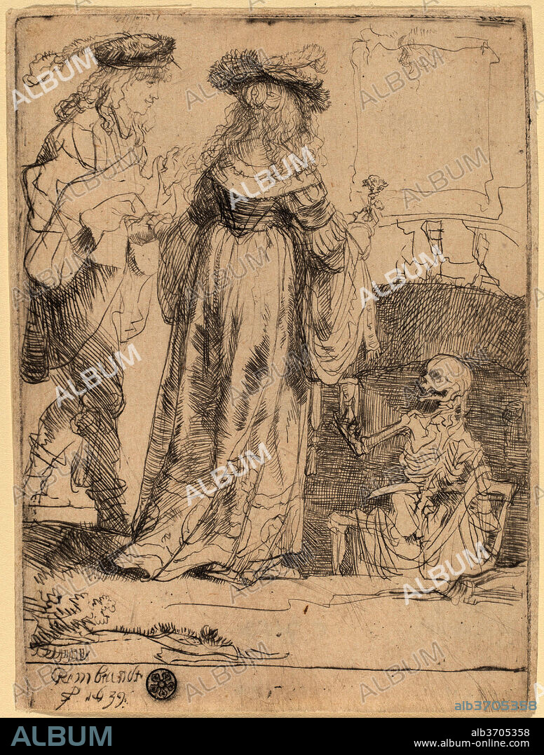 REMBRANDT. Death Appearing to a Wedded Couple from an Open Grave. Dated: 1639. Dimensions: plate: 10.9 x 7.9 cm (4 5/16 x 3 1/8 in.)  sheet: 11 x 8.1 cm (4 5/16 x 3 3/16 in.). Medium: etching.