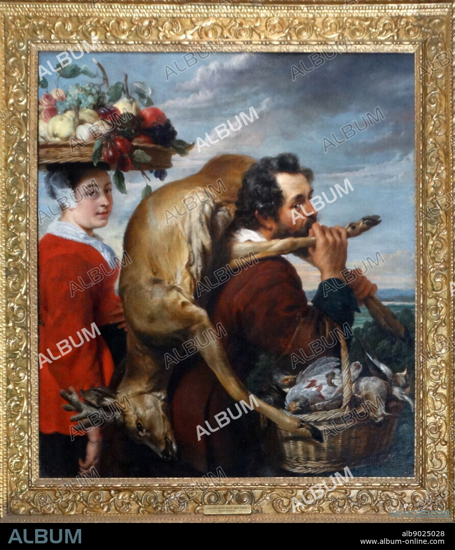 Painting titled 'Figures with Fruit and Game' by Frans Snyders (1579-1657) Flemish painter of animals, hunting scenes, market scenes and still lifes. Dated 17th Century.