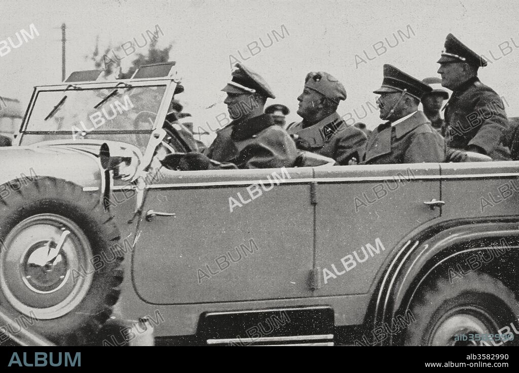 Benito Mussolini and Adolf Hitler arrive in the Mecklenburg, Germany, theater of the maneuvers of the Reich armed forces, from L'Illustrazione Italiana, year LXIV, n 40, October 3, 1937.