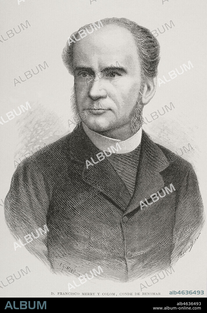 Francisco Merry y Colom (1829-1900). Conde de Benomar. Político español. Representante de España en la Conferencia de Berlín. Grabado por E. Gimeno. El Congo y la Creación del Estado Independiente de este nombre. Historia de los Trabajos y Exploraciones Verificados, por Enrique M. Stanley. Editada en Barcelona, hacia 1890. España.