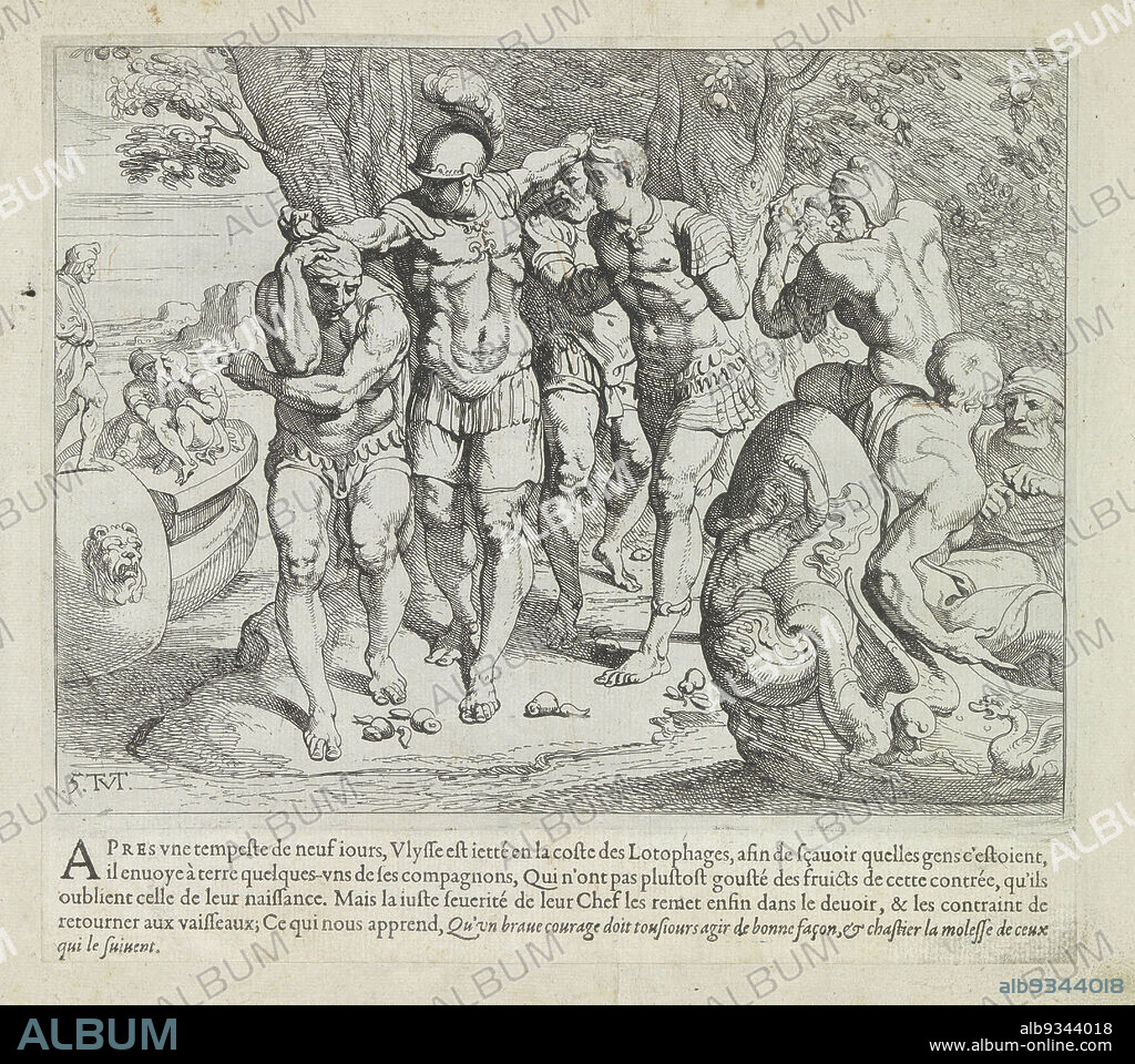 Odysseus in the land of the lotus eaters, Les Travaux d'Ulysse (series title), The works of Odysseus (series title), On the island of the lotus eaters, Odysseus grabs his three scouts by the hair and takes them to the ships. After the scouts had eaten from the lotus flowers on the island, they did not want to leave. The print is part of an album., print maker: Theodoor van Thulden (mentioned on object), intermediary draughtsman: Theodoor van Thulden, Paris, 1633, paper, etching, engraving, letterpress printing, height 223 mm × width 252 mm.