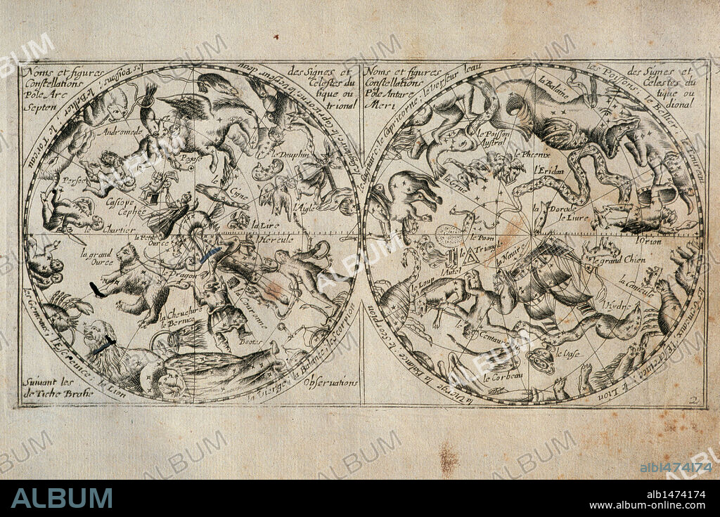 Nicolaus Copernicus (1473-1543). Renaissance mathematician and astronomer who formulated an heliocentric model of the universe which placed the Sun, rather than the Earth, at the center. "Orbes Celeste" celestial constellations. Arctic and Antarctic. Edition of 1667, France.