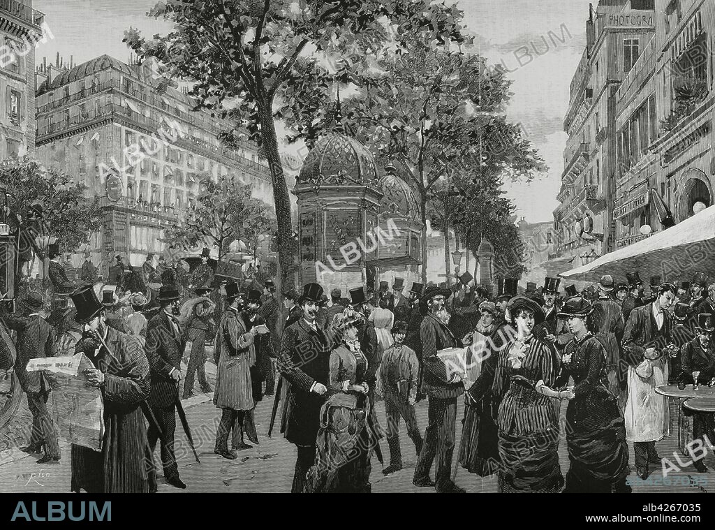 Francia. París. Costumbres parisinas. El Boulevard Montmartre, a"La hora del Ajenjo". Dibujo del natural por Pellicer. Grabado por Bernardo Rico (1825-1894). La Ilustración Española y Americana,15 de septiembre de 1881.