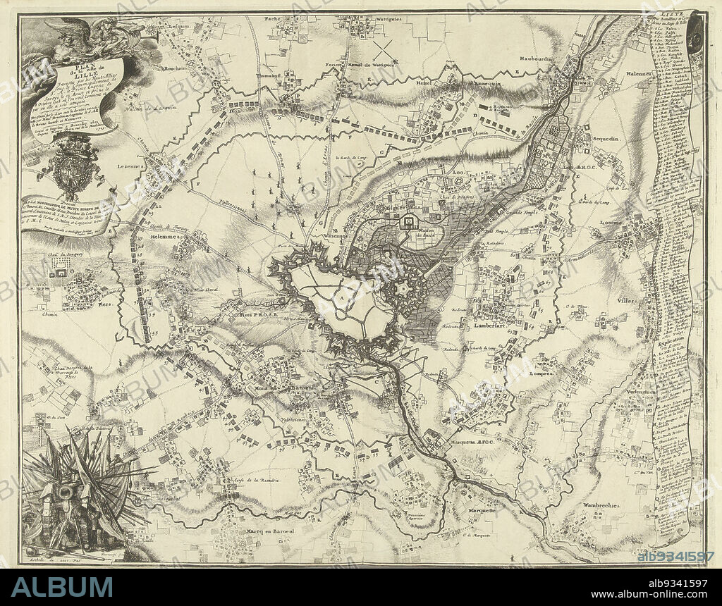 Map of the siege of Lille, 1708, Plan de la ville de Lille Investie par les Haut-Allies sous le Commandement de S.A. le Prince Eugene de Savoye le 13. Aoust en prize le 8. Octobre 1708 (title on object), Map of Lille (Rijssel) with the castle, besieged from August 22, 1708 by the Allies under Prince Eugenius of Savoy. On the right a banderole with the legend 1-80 and A-R in French. Part of a bundled collection of plans of battles and cities renowned in the War of the Spanish Succession., print maker: Jacobus Harrewijn (mentioned on object), Brüchman (mentioned on object), Brussels, 1709, paper, etching, engraving, height 463 mm × width 575 mm.