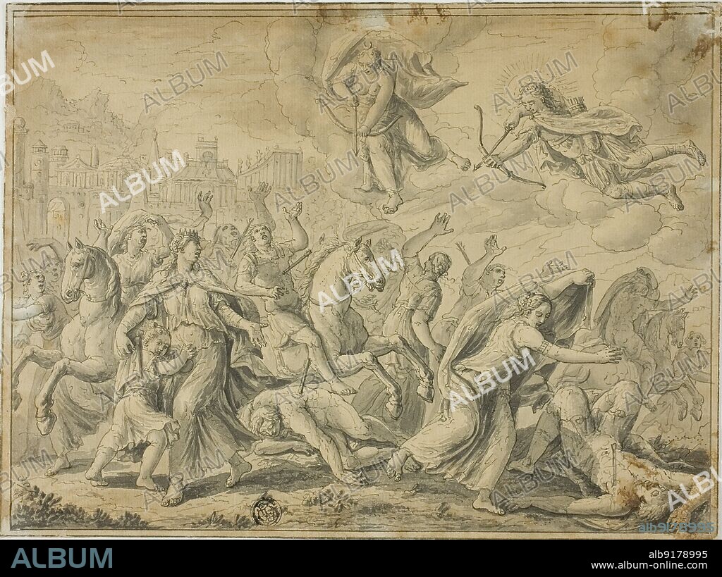Death of Niobe's Children, 1552/1725. Greek mythology: Apollo and Artemis killing the children of Niobe. Possibly after Marten de Vos, François Boitard or Philibert Benoît Delarue.