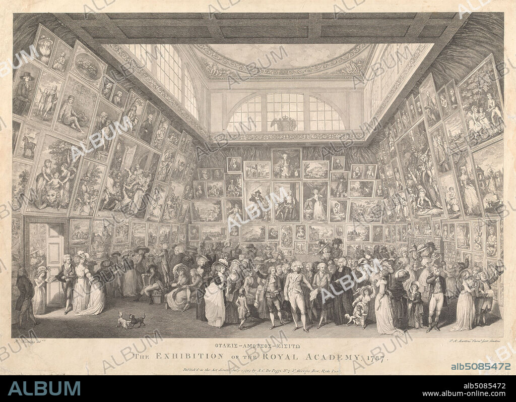 Exhibition of Royal Academy, Print made by Pietro Antonio Martini, 17381797, Italian, after Johann Heinrich Ramberg, 17631840, German, active in Britain (178188), 1787, Etching, Sheet: 15 x 20 1/2in. (38.1 x 52.1cm), architectural subject, art, coats, crowd, dresses, exhibitions, frames (furnishings), gallery, genre subject, gowns, hats, top, paintings, people, skirts (garments), City of Westminster, Greater London, London, Royal Academy.
