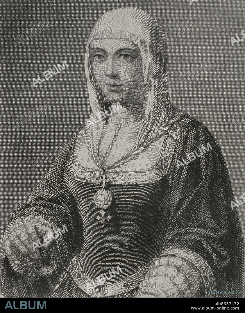 CHARLES GEOFFROY (1819-1882). FRENCH ENGRAVER.. Isabella I (1451-1504). Queen of Castile (1474-1504). Queen consort of Aragon for her marriage to Ferdinand II of Aragon. Portrait. Engraving by Geoffroy. Historia Universal, by César Cantú. Volume IV, 1856.