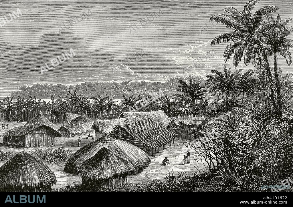 Central Africa. Ujiji settlement and its market square, on the shores of Lake Tanganyika (at present Tanzania). Engraving. Africa inexplorada, el Continente Misterioso by Henry Morton Stanley, c. 1887.