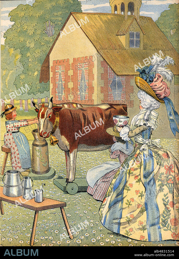 'Marie-Antoinette a Trianon'. Illustration de 1908 par JOB (1858-1931) pour Jouons a l'Histoire. La France mise en scene avec les Joujous de deux petits Francais par Georges MONTORGUEIL (1857-1933). Credit : Coll. Jonas/KHARBINE-TAPABOR.