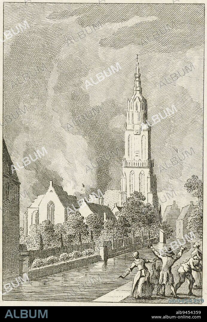 Explosion in the church of Amersfoort, 1787, Reinier Vinkeles (I), after Jacobus Buys, 1787 - 1795, Gunpowder explosion and fire in the Lieve-Vrouwekapel at Amersfoort, August 2, 1787. The church is destroyed, only the tower, the Onze-Lieve-Vrouwetoren or Lange Jan, remains standing., print maker: Reinier Vinkeles (I), print maker: Cornelis Bogerts, intermediary draughtsman: Jacobus Buys, Northern Netherlands, 1787 - 1795, paper, etching, engraving, h 153 mm - w 112 mm.
