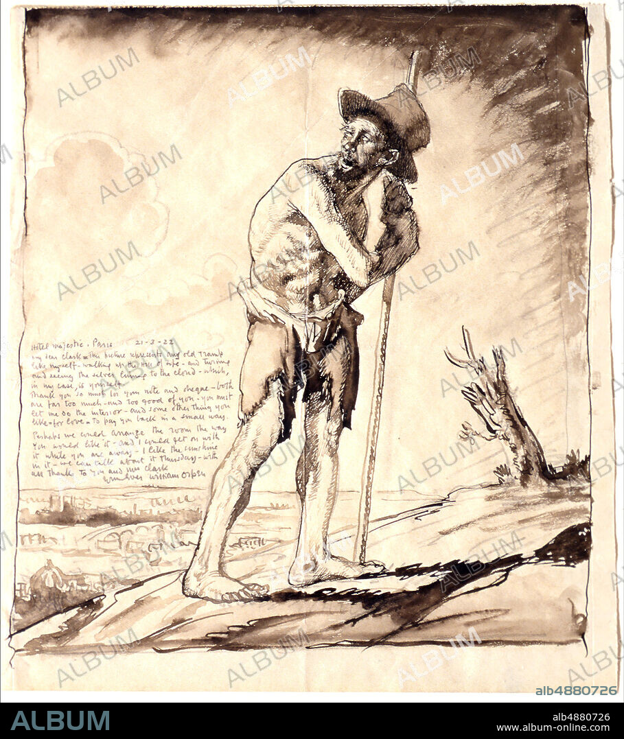 Sir William Orpen, Irish, 18781931, An Old Tramp, 1922, Pen and brown ink and brown wash over pencil on paper, Overall: 10 3/16 x 9 in. (25.9 x 22.9 cm).