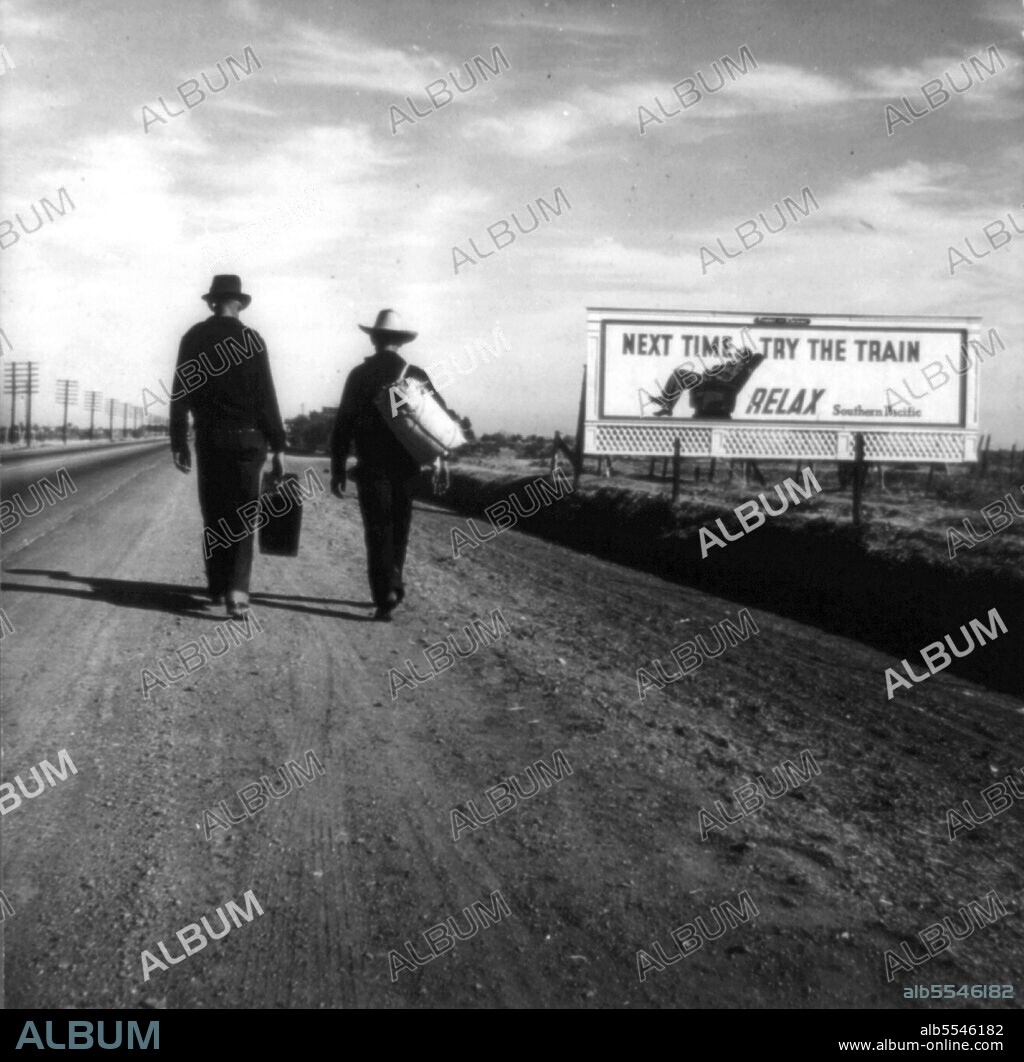 DOROTHEA LANGE. Toward Los Angeles, California. ['Next Time Try the Train - Relax - Southern Pacific'].