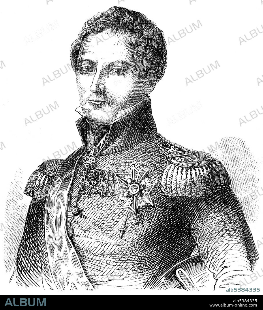 Historical drawing from the 19th century, portrait of Karl XIV Johan and Jean-Baptiste Jules Bernadotte, 1763 - 1844, French Minister of War, Marshal of France, commander of the Allied northern army against Napoleon and King of Sweden, King of Norway as as Charles III. John