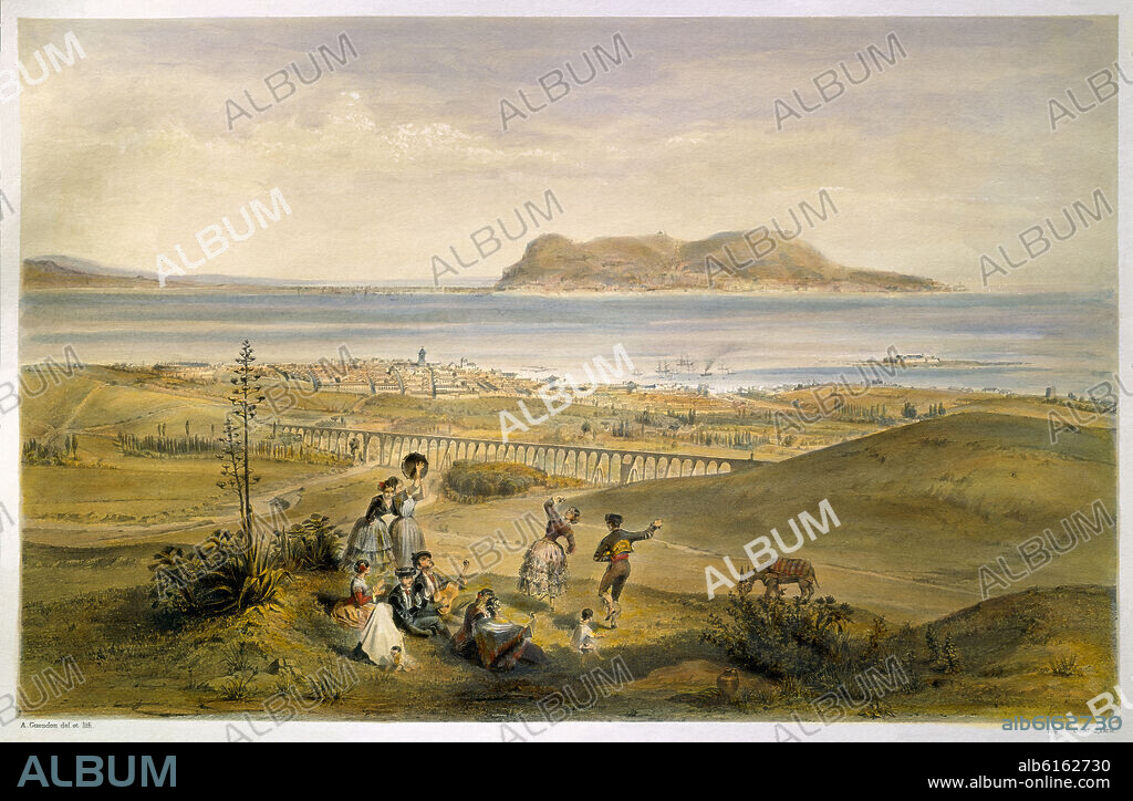 ALFRED GUESDON (1808/1876). VISTA GENERAL DE GIBRALTAR DESDE ALGECIRAS - LITOGRAFIA DEL SIGLO XIX.