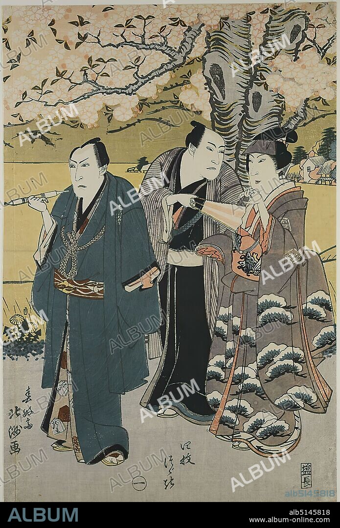 Shunksai Hokush, The Actors Nakamura Matsue III, Arashi Sangor III and Nakamura Utaemon III in front of a rural scenery, color woodcut, Total: Height: 37,10 cm; Width: 24,80 cm, signed: Signature: Shunksai Hokuj ga, Publisher: Shioya Chhei, Printmaking, Prints, actor, actress, Edo period.