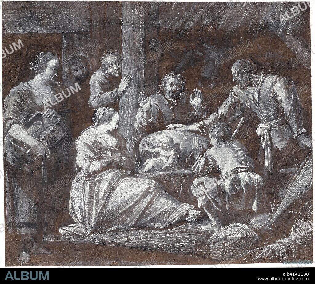 The Adoration of the Shepherds. Gerrit van Battem; Dutch, c. 1636-1684. Date: 1650-1660. Dimensions: 196 x 227 mm. White and gray opaque watercolor, and black ink on cream laid paper prepared with brown wash. A watermark is located in in the right portion on the sheet. Origin: Netherlands.