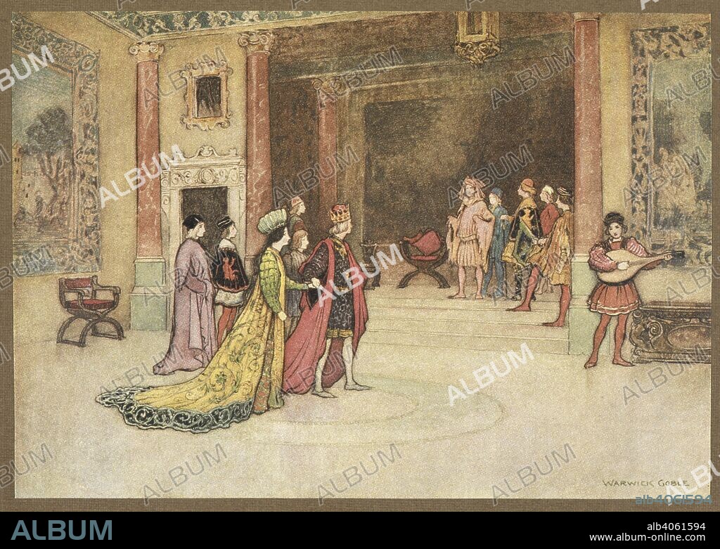 GIOVANNI BATTISTA BASILE and WARWICK GOBLE. The King and the Princess receiving Pippo at Court, from Pippo. Stories from the Pentamerone ... Selected and edited by E. F. Strange. Illustrated by Warwick Goble. (Translation by John Edward Taylor. Edition de luxe.). London : Macmillan & Co., 1911. Source: LR.26.d.10 plate 13 opp. page 106.