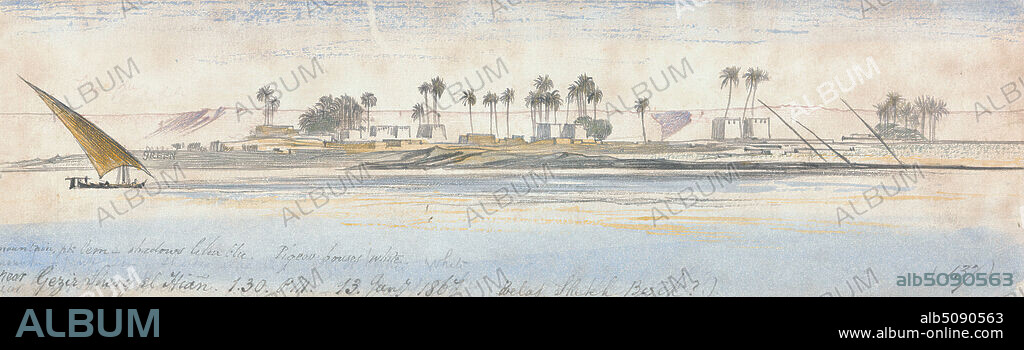 Near Gezir Sherg el Hian, Edward Lear, 18121888, British, 1867, Watercolor, graphite, pen and gray ink on thick, slightly textured, cream wove paper, Sheet: 2 7/8 x 9 7/8 inches (7.3 x 25.1 cm), boat, landscape, pigeon houses, river, river, riverbank, sail, trees, water, Africa, Egypt, Nile.