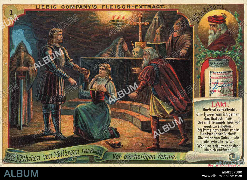 Serie Das K§thchen von Heilbronn (von Kleist), vor der heiligen Vehme / Series Das K§thchen von Heilbronn (by Kleist), before the holy Vehme, digital improved reproduction of a collectible image from the Liebig company, estimated from 1900, pd / digital verbesserte Reproduktion eines Sammelbildes von ca 1900, gemeinfrei.