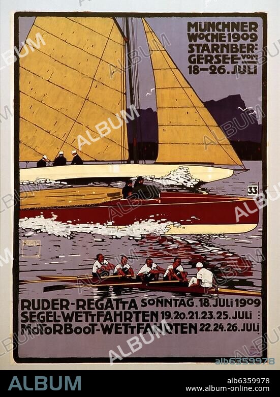 Starnberger See (Oberbayern). "Münchner Woche 1909 / Starnberger See". Plakat von Ludwig Hohlwein (1874-1949), Deutschland, München, 1909. Farblithographie, 125 × 91,5 cm. Inv. Nr. DPM 11226. Deutsches Plakat Museum, Essen, Museum Folkwang.