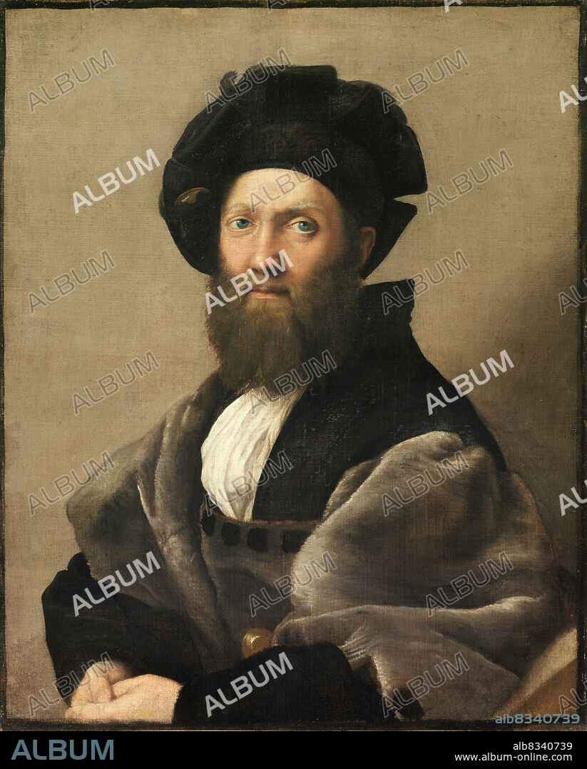 Baldassare Castiglione, 6. Dezember 1478 - 7. Februar 1529, Graf von Novilara, Hfling, Diplomat und Schriftsteller, nach einem Rem§lde von Raffael, Raffaello Sanzio / Baldassare Castiglione, December 6, 1478 - February 7, 1529, Count of Novilara, courtier, diplomat and writer, after a re-painting by Raphael, Raffaello Sanzio, Historisch, historical, digital improved reproduction of an original artwork from the time / digital restaurierte Reproduktion einer Originalvorlage aus der damaligen Zeit, genaues Originaldatum nicht bekannt.