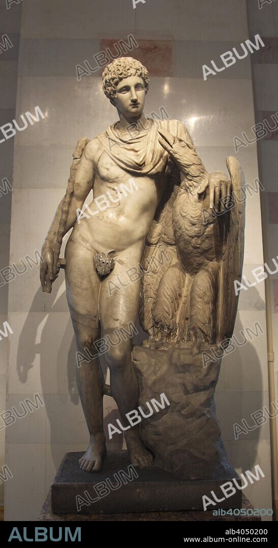 Statue of Ganymede with the Eagle. Roman, after a Greek original from the Praxiteles school of the 3rd century BC. According to Homer, Ganymede was a Trojan prince and the most beautiful of mortals. He was abducted by Zeus, who had assumed the form of an eagle, to be taken to serve as a cup bearer to the Gods in Olympus, in return for which he was granted eternal youth. Found in the collection of The Hermitage, St Petersburg.