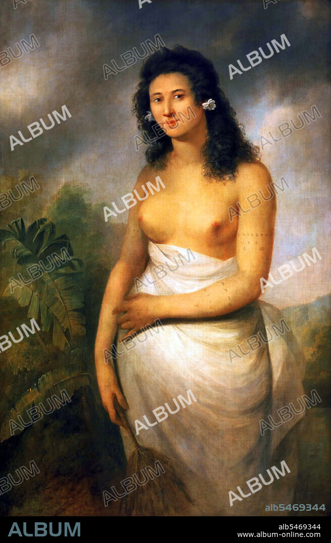 A three-quarter-length portrait of Poedua (or Poetua, the usual modern spelling), the 19-year-old daughter of Orio, chief of the Haamanino district of Raiatea (Ulietea), one of the Society Islands neighbouring Tahiti. Standing a little to the left, she is shown with her head slightly inclined, looking out of the picture to meet the gaze of the viewer. She wears a white drape of tapa cloth beneath her bare breasts and long black hair cascades over her shoulders. Cape jasmine blossom is positioned in her hair at her ears. Her right arm falls by her side and she holds a fly whisk in her right hand. Her left arm rests across her hips. Her arms and hands are covered with small tattoos. She is shown against an imaginary tropical background of sky and distant mountains with a plantain tree positioned on the left. The portrait resulted from Captain Cook's third voyage 1776-80 and was one of the earliest images of a Polynesian woman produced by a European painter for a western audience.