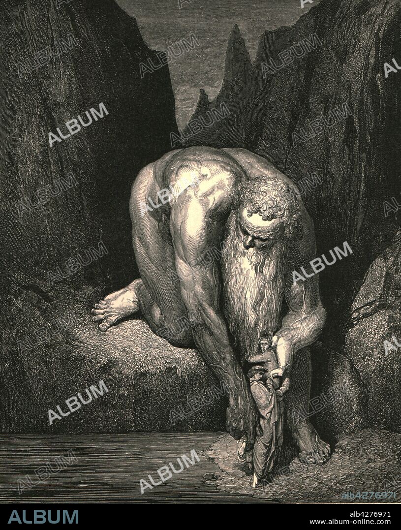 PAUL GUSTAVE DORÉ. 'Yet in the abyss, that Lucifer with Judas low ingulfs, lightly he placed us', c1890. Antaeus the giant lowers Dante and the Roman poet Virgil to the final level of Hell. Illustration from "The Vision of Hell" (Inferno), the first part of "The Divine Comedy" (La divina commedia) by Dante Alighieri. This long, narrative poem, written in Italian c1308-1321, tracing Dante's imaginary journey from Hell, through Purgatory and finally to Heaven and a beatific vision of God, has been published numerous times. This edition, published late 19th century, is illustrated by Gustave Dore. [Cassell Petter & Galpin, c1890].