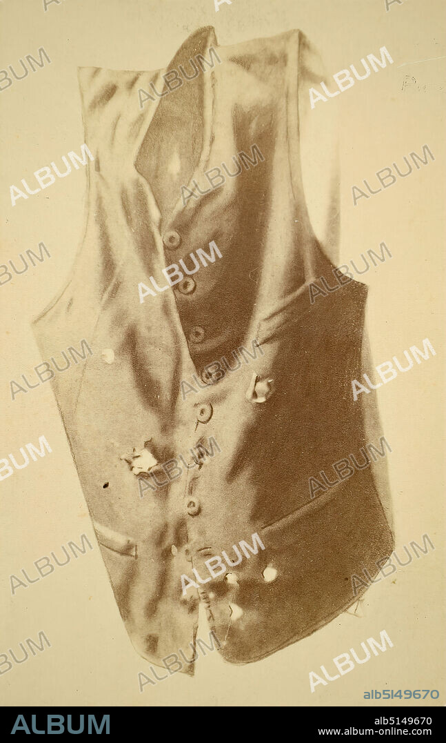 André Adolphe-Eugène Disdéri, vest of the Emperor Maximilian I. of Mexico, albumin paper, black and white positive process, image size: height: 8,9 cm; width: 5,6 cm, inscribed: recto u. dem on cardboard: type print: PROPRIÉTÉ EXCLUSIVE DE LA MAISON DE AUG.te KLEIN, REPROD. PAR DISDÉRI, stamp: verso center: EYE. KLEIN, VIENNA - PARIS, REPROD, clothing, With the aim of installing a monarchy dependent on France in Mexico, the Habsburg Ferdinand Maximilian of Austria (1832-1867) was enthroned as Emperor of Mexico at the instigation of Napoleon III in 1864. After the withdrawal of the French in 1866, Maximilian was unable to remain in power. In May 1867, the Emperor was captured by the troops of the legitimate government around Benito Juárez in Querétaro and, after a court-martial judgment, was shot together with his generals Miguel Miramón and Tomás Mejía on June 19, 1867. The French photographer François Aubert, who was in Mexico at the time, photographed Maximilian's body and his clothing perforated by bullets after his execution. The image of his vest was later reproduced in the popular visit format by the successful Parisian photographer André Disdéri. Disdéri retouched the frame on which the vest originally hung. In his picture it floats in a vacuum and is elevated to a politically charged relic of the executed emperor. (Sven Schumacher).