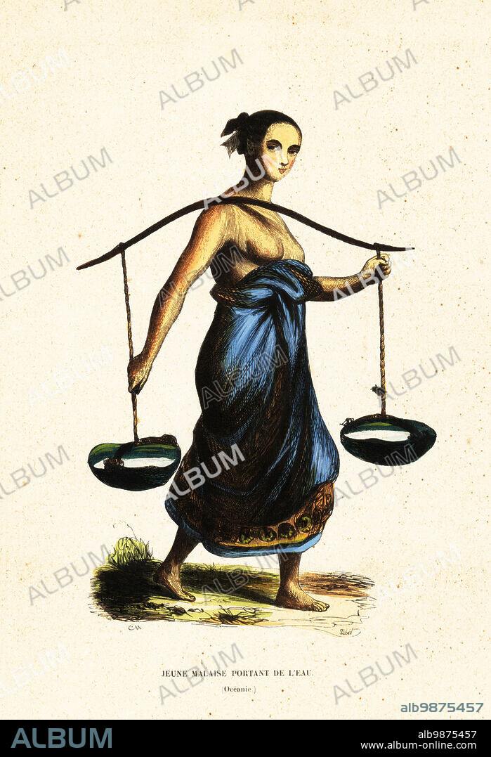 Young Malay woman carrying pales of water with a yoke. She is bare-breasted and wears a sarong. Jeune Malaise portant de leau. Oceanie. Adapted from an illustration by Jacques Arago of a young girl of Timor carrying water in Narrative of a Voyage around the world. Handcoloured woodcut by Lisbet after Arago from Auguste Wahlen's Moeurs, Usages et Costumes de tous les Peuples du Monde, (Manners, Customs and Costumes of all the People of the World) Librairie Historique-Artistique, Brussels, 1845. Wahlen was the pseudonym of Jean-Francois-Nicolas Loumyer (1801-1875), a writer and archivist with the Heraldic Department of Belgium.