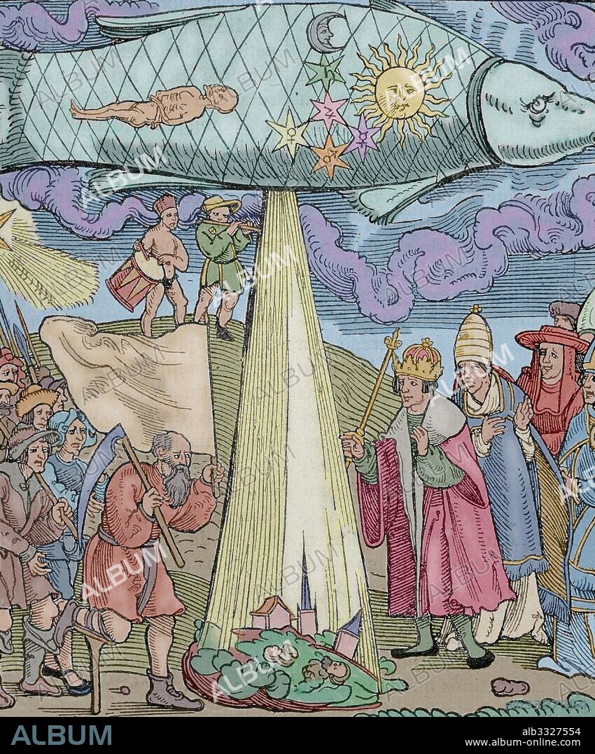 GUERRA DE LOS CAMPESINOS (1524-1527). Sublevación de los campesinos de Alemania central y meridional, a causa del aumento del poder de los príncipes y el empeoramiento de sus condiciones de vida. Estos esperaban un mesías que los redimiera, identificándole en un principio con LUTERO. "PROFECIA DE LA GUERRA DE LOS LABRADORES". Fascímil de la portada de la obra "Rynmann" (1524). Coloreado.