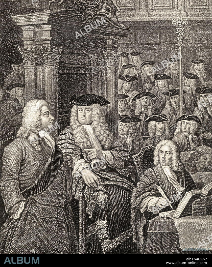 The House of Commons in Sir Robert Walpole's Administration. After an original Picture painted by William Hogarth and Sir James Thornhill. Presiding is Arthur Onslow. On his right, Robert Walpole.