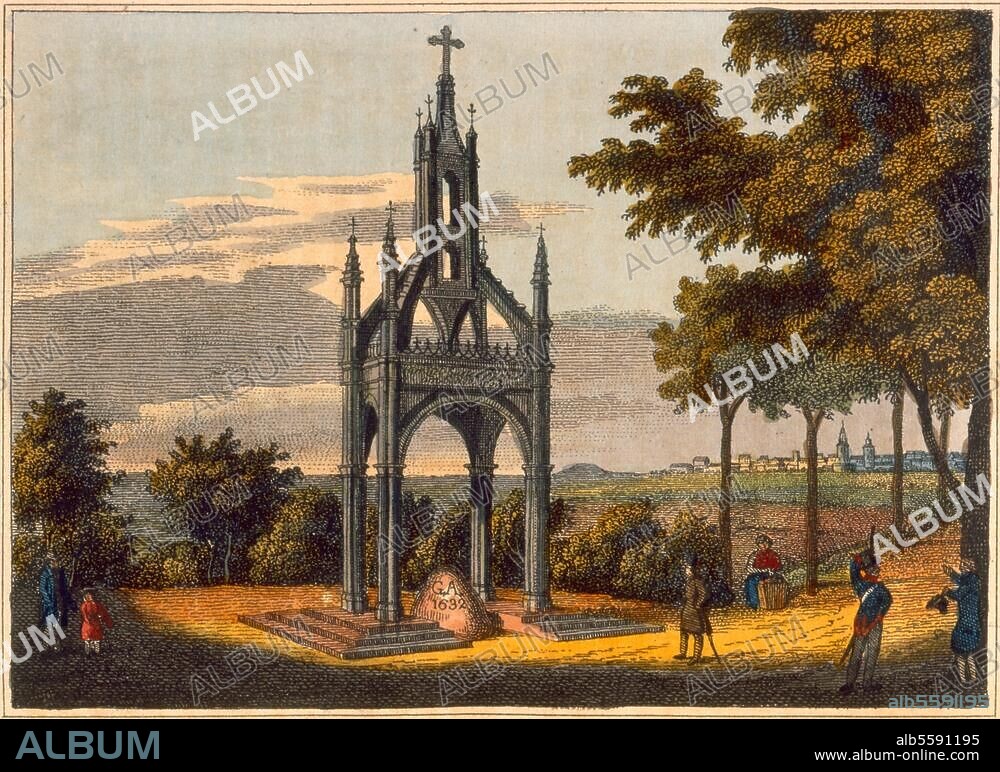 zu: Gustav II. Adolf König von Schweden; 1594-1632. "Gustav Adolf's Denkmal bei Lützen". (Zur Erinnerung an den Tod des Königs in der Schlacht bei Lützen am 16.11.1632; Baldachin 1837; Entwurf: K.F.Schinkel). Federlithogr., altkolor., unbez. Aus: L. Flathe, Gustav Adolf u. d. dreißigjährige Krieg, 5. Bd., Dresden, 1841, vor S. 877. Berlin, Sammlung Archiv für Kunst und Geschichte.