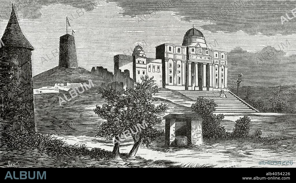 España. Andalucia. Cádiz. Observatorio de San Fernando, construido en el siglo XVIII en estilo neoclásico. Grabado. Crónica General de España, Historia Ilustrada y Descriptiva de sus Provincias. Andalucía, 1867. Biblioteca Histórico Militar de Barcelona, Cataluña, España.