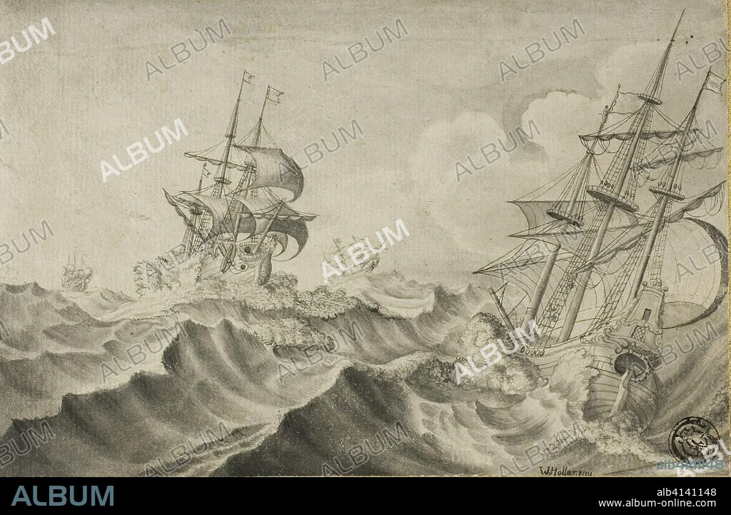 Copy, Vessels in a Gale, Galleons in Agitated Sea. Possibly after Wenceslaus Hollar; Czech, 1607-1677. Date: 1627-1677. Dimensions: 98 × 149 mm. Pen and black ink and brush and gray wash, on ivory laid paper, laid down on card. Origin: Bohemia.