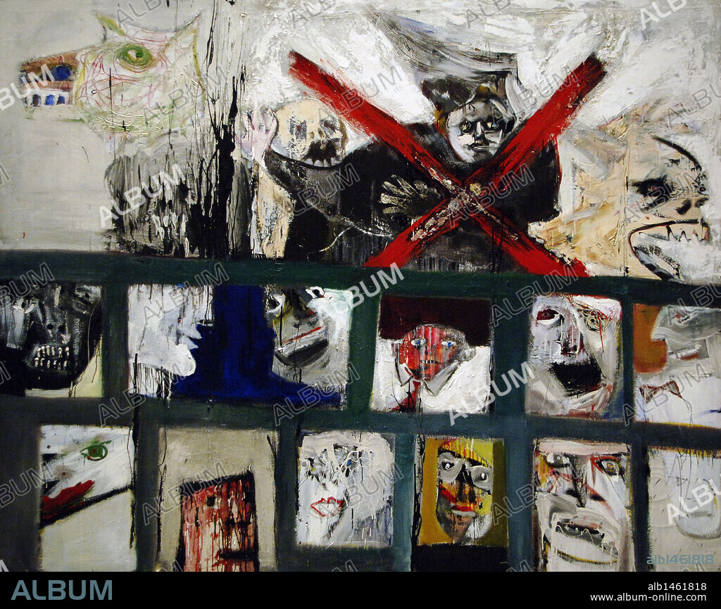 ARTE SIGLO XX. ARGENTINA. LUIS FELIPE NOE (n.1933). Pintor argentino. "CERRADO POR BRUJERIA" (1963). Oleo y collage sobre lienzo. Museo Blanton de Arte. AUSTIN. Estado de Texas. Estados Unidos.