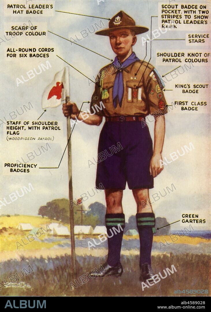 KENNETH BROOKES. 'Boy Scout Uniform and Badges', 1944. 'Patrol leader's hat badge; scarf of troop colour; all-round cords for six badges; staff of shoulder height, with patrol flag (Woodpigeon Patrol); scout badge on pocket, with two stripes to show patrol leader's rank; service stars; shoulder knot of patrol colours; King's Scout badge; First Class badge; green garters'. The Scouting movement was founded by Robert Baden-Powell in 1908. The original Boy Scout uniform consisted of a khaki shirt and shorts, a neckerchief or 'scarf', campaign hat and a Scout staff. From "Boy Scouts', by E. E. Reynolds. [Collins, London, 1944].