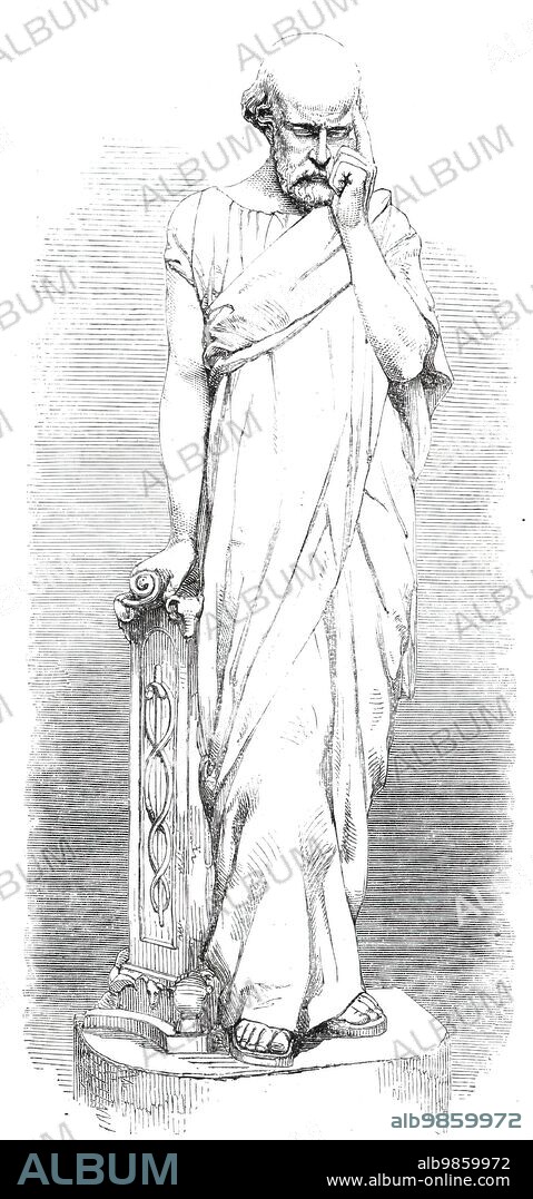 Socrates, 1860. [Typographical error - the statue is actually of Hippocrates]. One of six '...Sculptures of Philosophers of all ages which decorate the central court of the Oxford University Museum These statues...have been executed by A. Munro, and may be pronounced happy specimens of portrait-sculpture, full of mind, variously developed, the peculiar pursuits and characteristics of the individual being in each case suggested by some appropriate emblem. They display great simplicity of treatment in respect of costume, &c., following as nearly as may be those of the individuals, or, at any rate, that of the period to which they belong. They are carved in Caen stone, and are a little under the full height of man-measuring only 5 feet 6 inches-the proportions of the compartments for which they were destined not admitting of a greater height...Socrates [ie Hippocrates], (the gift of Mr. Ruskin, senior) rests his hand on a tripod, on which is represented the AEsculapian symbol, and on the pedestal of which is inscribed, in Greek characters, the first fine of his celebrated aphorism, "Art is long, Life is short".' From "Illustrated London News", 1860.