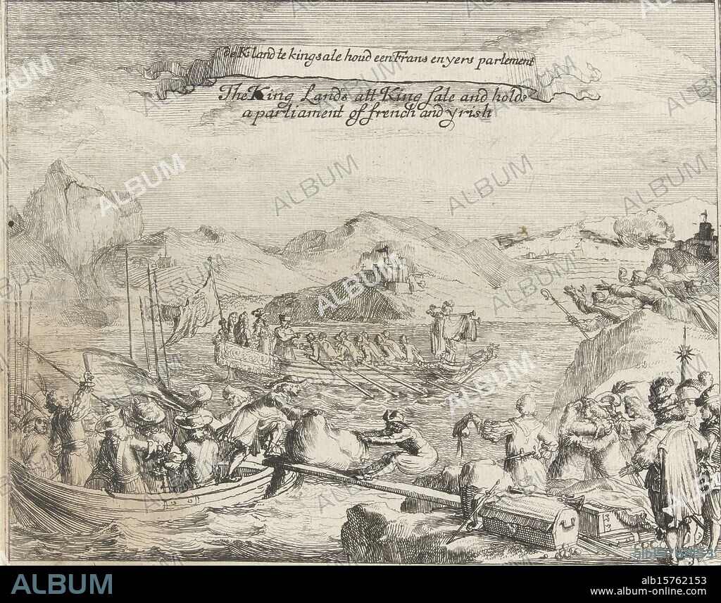 King James II lands at Kinsale, 1689, The King Lands att King sale and holds a parliament of French and Irish, de K: land at Kingsale holds a French and Yers parliament (title on object), Battle of King James II of England against the English army in Ireland in 1689 (series title), King James II lands with his troops in Ireland at Kinsale on March 12, 1689 and holds a council with the French and Irish. Plate no. 3 in a series about the battle waged by the deposed Catholic King James II of England against the English army in Ireland in 1689., print, print maker: anonymous, publisher: Johannes Tangena (17e eeuw), unknown, print maker: Northern Netherlands, publisher: Leiden, 1689, paper, etching, height, 152 mm × width, 189 mm.